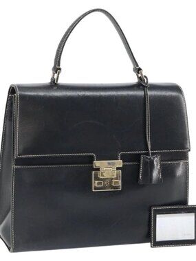 GUCCI Hand Bag Leather Black Gold